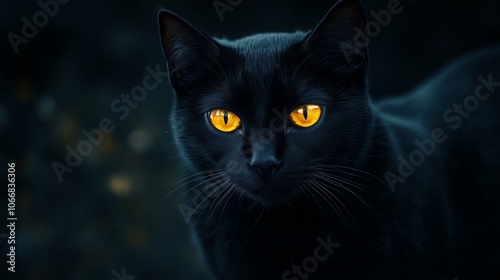 Black cat with yellow eyes, on a black background.