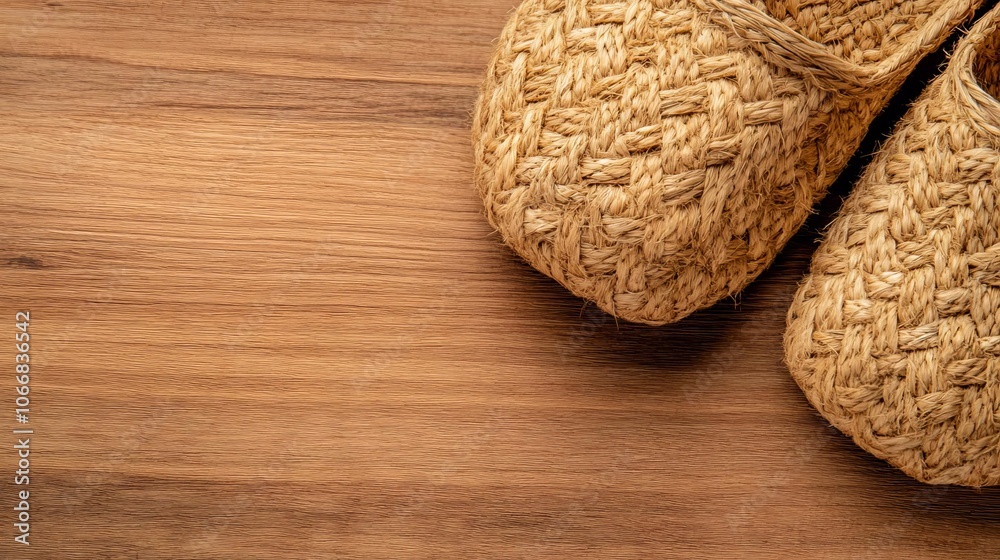 Close-up of rural straw slippers, handmade simplicity, natural fibers Close-up of rural straw slippers, handmade simplicity, natural fibers