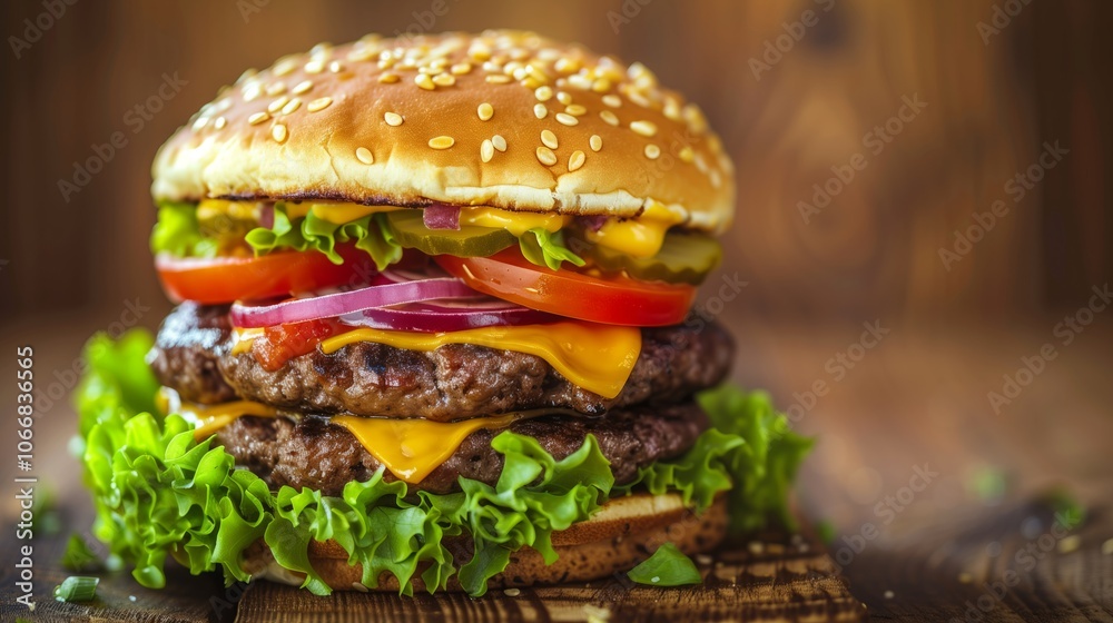 Delicious hamburger with fries on the side, fast food. Delicious hamburger with fries on the side, fast food.