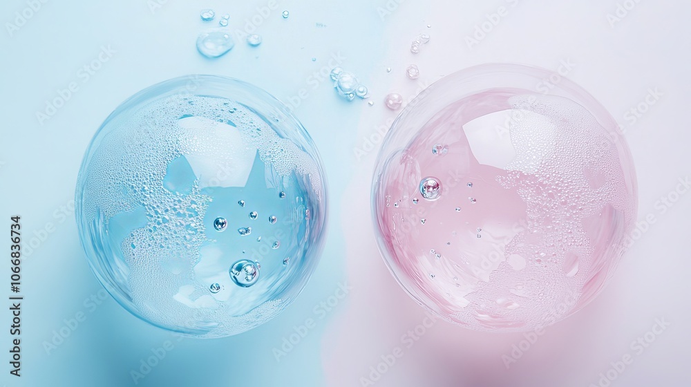 bubble design, powdery pigments inside slightly frozen bubbles, soft blue and pink, sleek and stylish, abstract shapes, clean lines, cool colors, minimalistic, high-resolution bubble design, powdery pigments inside slightly frozen bubbles, soft blue and pink, sleek and stylish, abstract shapes, clean lines, cool colors, minimalistic, high-resolution