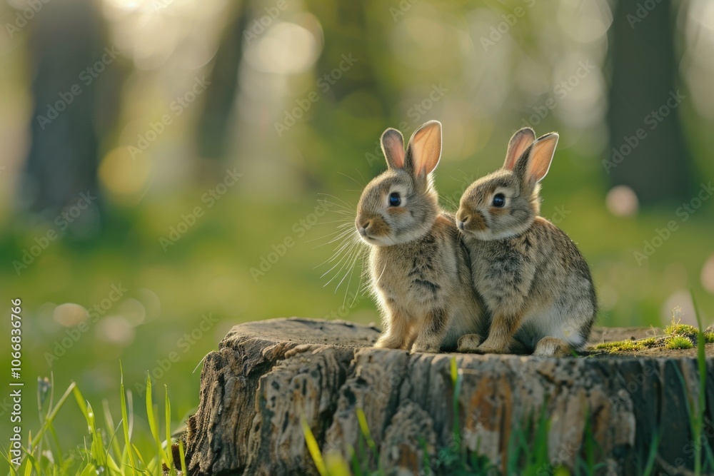 Fototapeta premium Rabbits by a Log