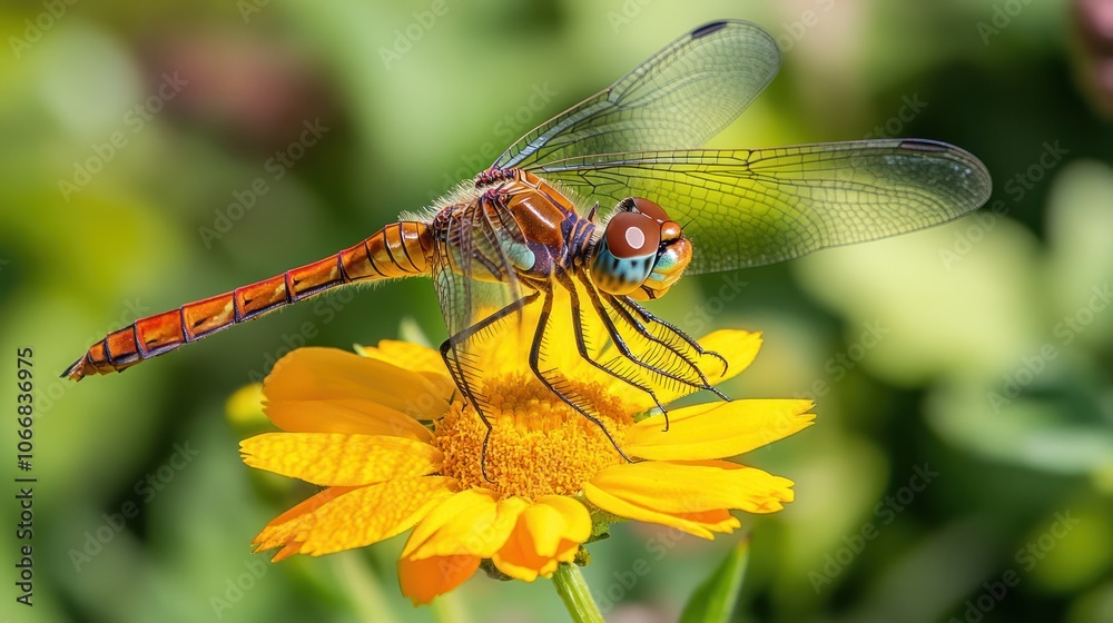 A macro image of a dragonfly perched on a bright yellow flower, with its iridescent wings shimmering in the sunlight A macro image of a dragonfly perched on a bright yellow flower, with its iridescent wings shimmering in the sunlight