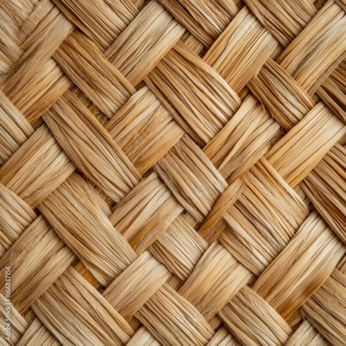 Close-up of woven straw mat, intricate pattern, rural aesthetic