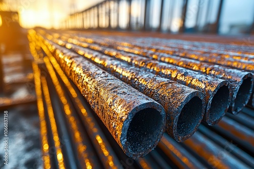 Close-up of Stacked Rusted Steel Pipes with Glowing Background photo