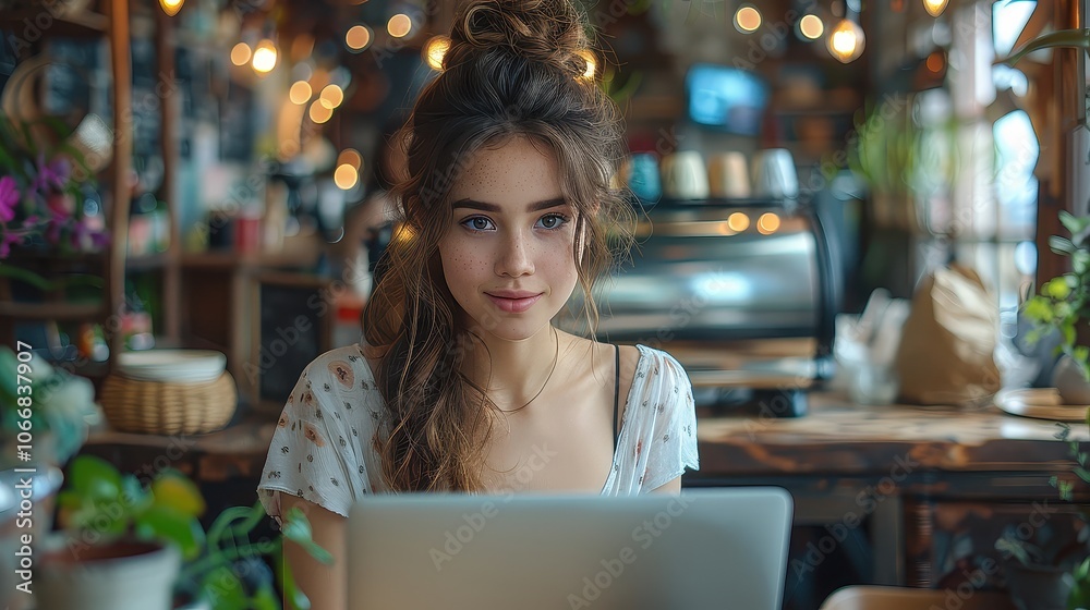 Young Latina Coffee Shop Owner Managing Inventory and Online Orders on Laptop in Cozy Cafe Young Latina Coffee Shop Owner Managing Inventory and Online Orders on Laptop in Cozy Cafe