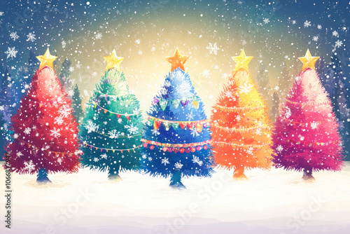 Illustration of colorful Christmas trees in snowy forest with starry sky, symbolizing festive winter wonderland celebration. 