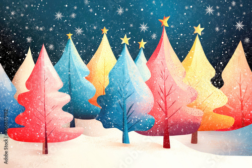 Illustration of colorful Christmas trees in snowy forest with starry sky, symbolizing festive winter wonderland celebration. 