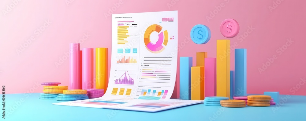A colorful infographic surrounded by vibrant graphs and coins, representing financial data and analytics against a pastel backdrop. A colorful infographic surrounded by vibrant graphs and coins, representing financial data and analytics against a pastel backdrop.