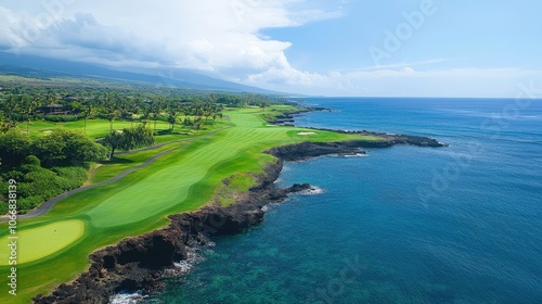 This aerial perspective captures a beautifully maintained golf course beside the sea, featuring lush greenery, rugged cliffs, and sparkling waters under a clear blue sky, creating a serene atmosphere