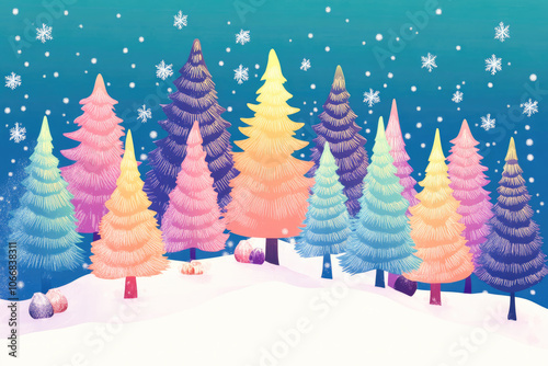 Illustration of colorful Christmas trees decorated with snowflakes on a winter landscape, with copy space to write, symbolizing festive holiday cheer. 