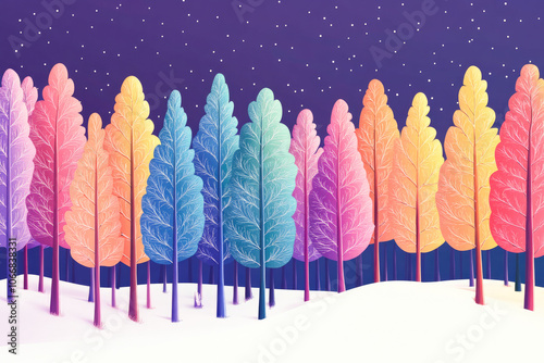 Illustration of colorful Christmas trees decorated with snowflakes on a winter landscape, with copy space to write, symbolizing festive holiday cheer. 