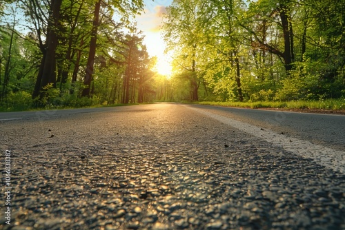 Spring Background Road. Empty Asphalt Road with Green Wooded Surroundings at Sunset