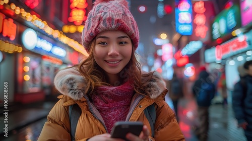 Gorgeous Young Woman Using Smartphone on Neon-Lit City Street at Night