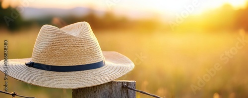 Farmer s straw hat on field fence, rural serenity, sunset glow photo