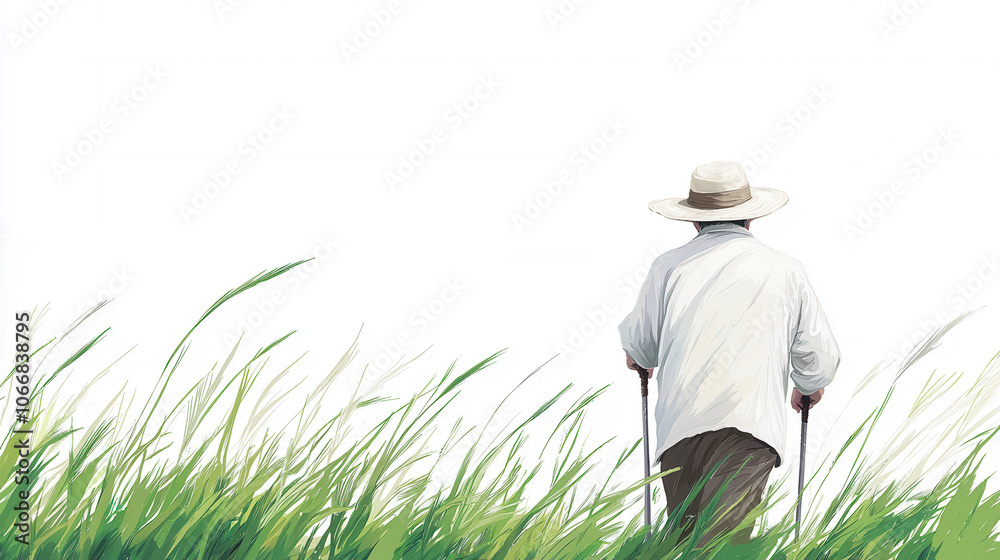 A serene illustration of a person walking through tall grass, wearing a hat, symbolizing tranquility and connection to nature.