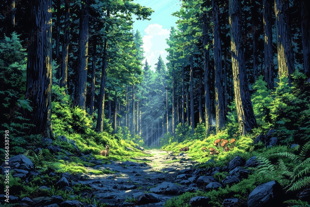 Fototapeta premium Sunlit Path Through a Dense Forest with Rocks and Mushrooms