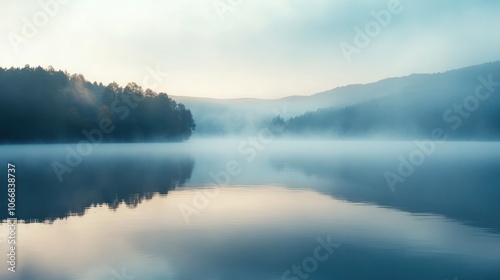 A serene morning landscape featuring a dense layer of fog rolling over a calm lake, with soft light filtering through the mist.