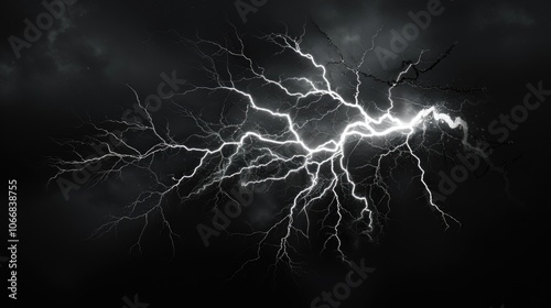 Storm Illustration. Massive Thunderbolt Strike with Branches on Black Background