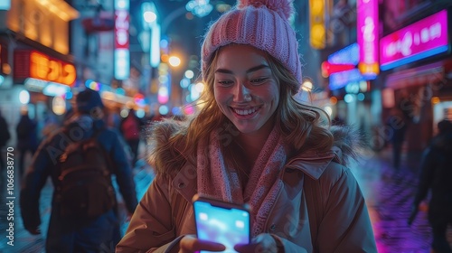 Gorgeous Young Woman Using Smartphone on Neon-Lit City Street at Night