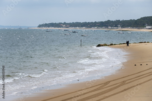 Panoramic view on Arcachon Bay, near Passe Sud, Bank d'Argun, Dune du Pilat and Cap Ferret, on rainy winter day, tourist destination on Atlantic ocean, France photo