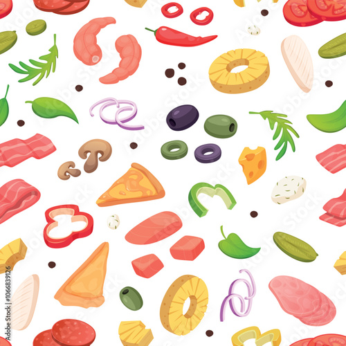 pizza ingredients pattern. meat vegetables cheeses for preparing italian pizza fresh natural products. vector seamless background