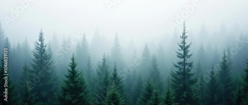 Misty Pine Forest Landscape with Foggy Atmosphere in Early Morning. banner