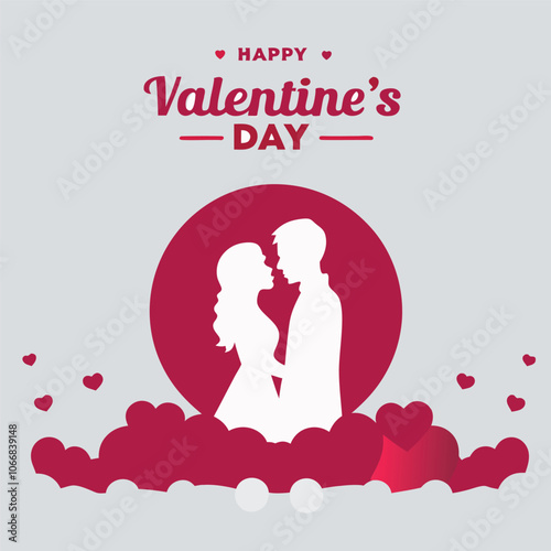Happy Valentines Day illustration. Romantic silhouette of loving couple