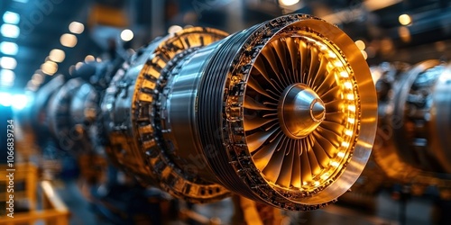 Wallpaper Mural Close-up of a Jet Engine with Golden Turbine Blades Torontodigital.ca