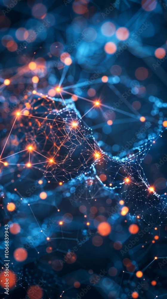 Vibrant abstract 3D network on dark blue background with orange light points connected by lines, evoking science and technology with complex connectivity.