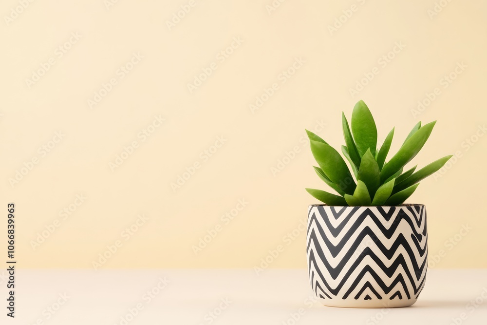 Green Indoor Plant in Chevron Pattern Pot with Bright Yellow Background Green Indoor Plant in Chevron Pattern Pot with Bright Yellow Background