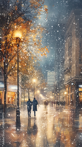 Winter evening stroll in snowy city street with warm lamps and pedestrians, impressionizm style photo