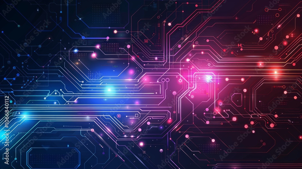 Summary: An image of a detailed circuit board with silver lines, neon lights, and a futuristic vibe. Summary: An image of a detailed circuit board with silver lines, neon lights, and a futuristic vibe.