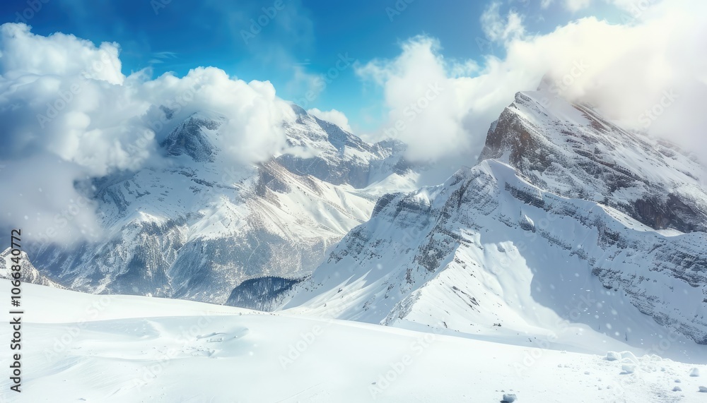 Snowy Mountain Peaks with Clouds and Blue Sky Snowy Mountain Peaks with Clouds and Blue Sky
