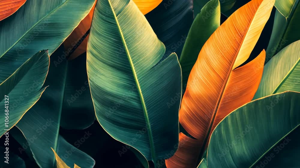 Green and orange leaves overlap in a tropical jungle, bathed in the warm light of the setting sun