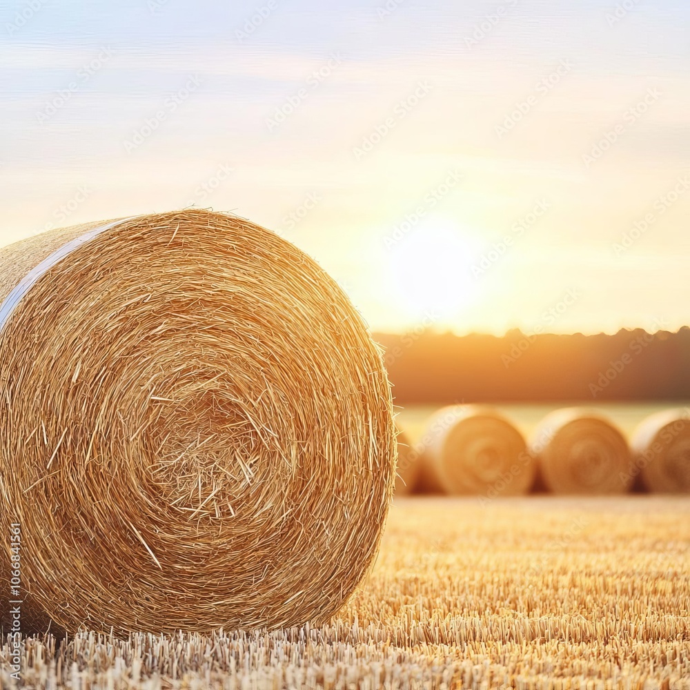 Rustic straw bales stacked in a sunlit rural field, golden tones, countryside tranquility Rustic straw bales stacked in a sunlit rural field, golden tones, countryside tranquility