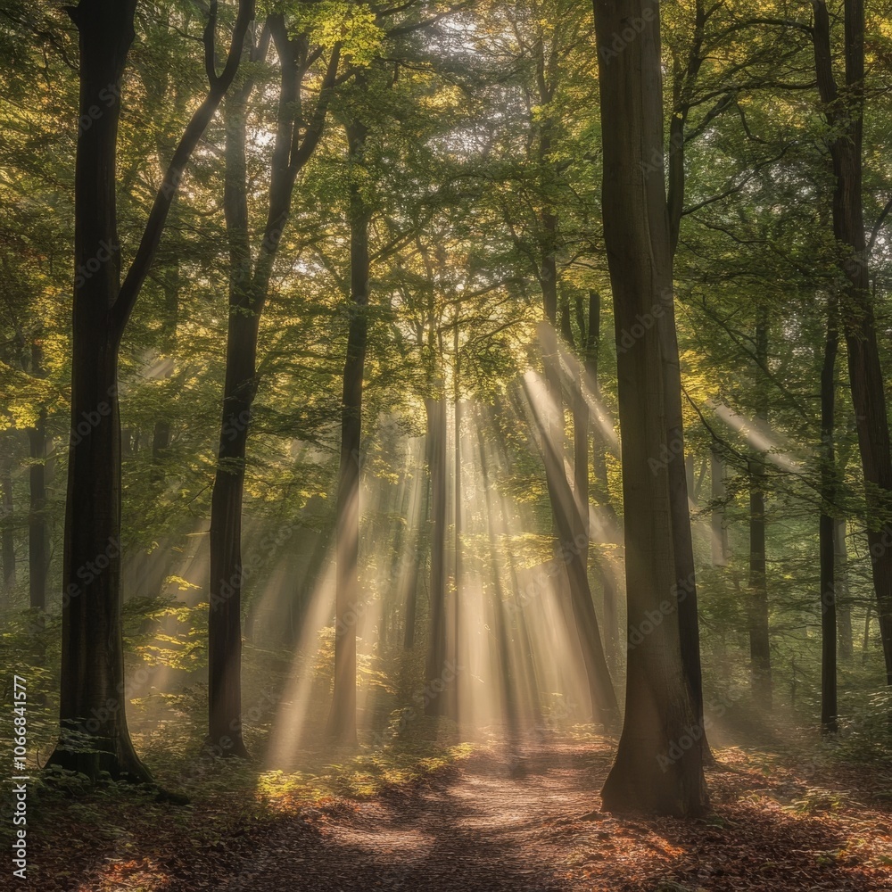 Obraz premium Beams of light in misty woods