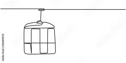 Cable car one line drawing, Cable car with cabins continuous one line drawing, Cable car in continuous line art drawing style. Aerial tramway black linear sketch isolated on white background. Vector