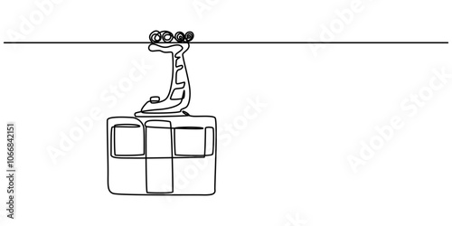 Cable car one line drawing, Cable car with cabins continuous one line drawing, Cable car in continuous line art drawing style. Aerial tramway black linear sketch isolated on white background. Vector