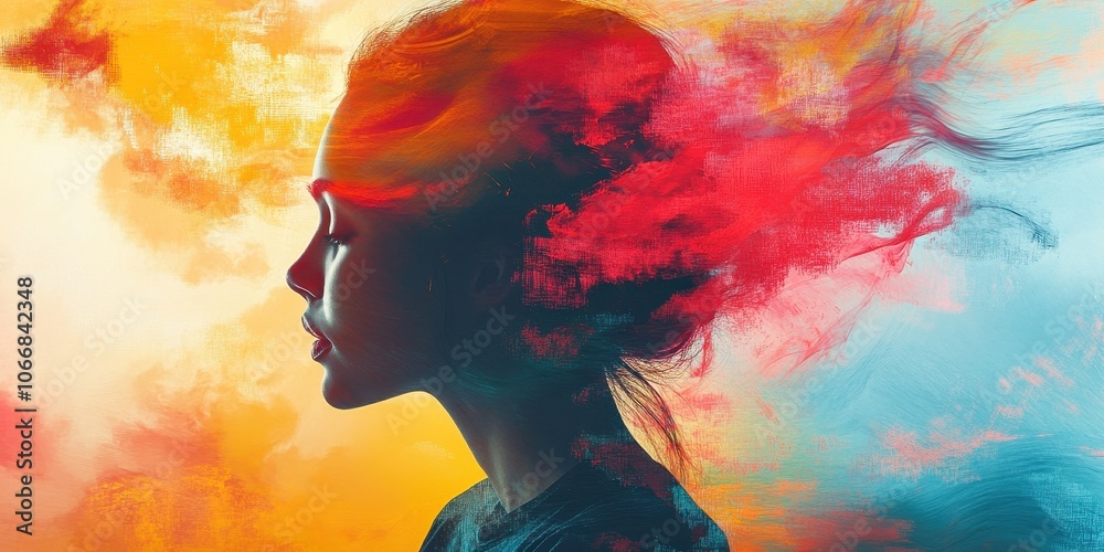 Profile of a woman with colorful abstract elements expressing emotions. Profile of a woman with colorful abstract elements expressing emotions.