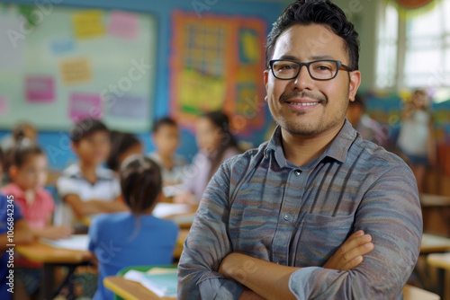 Young positive mixed race male teacher is on the lesson for elementary school students. Keen tutor rejoices at the success of preschool children.