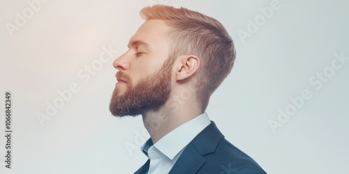 Profile view of a well-groomed man in a suit against a neutral background. photo