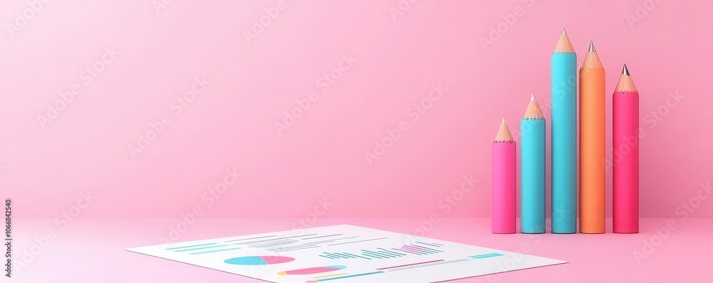 Obraz premium A bright and colorful arrangement of pencils beside a sheet of paper on a soft pink background.