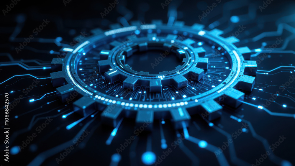 3D illustration of a complex mechanical system with digital interface elements, representing ci/cd technology. 3D illustration of a complex mechanical system with digital interface elements, representing ci/cd technology.