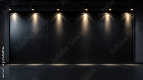 Black exhibition wall with overhead spotlights in a minimalist hall, a blank canvas in a spacious, modern environment. 3D rendering.