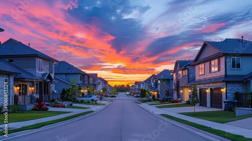 Neighborhood with Luxury Two-Story Homes Lining a Classic Dead-End Street Under a Dramatic Sunset Sky