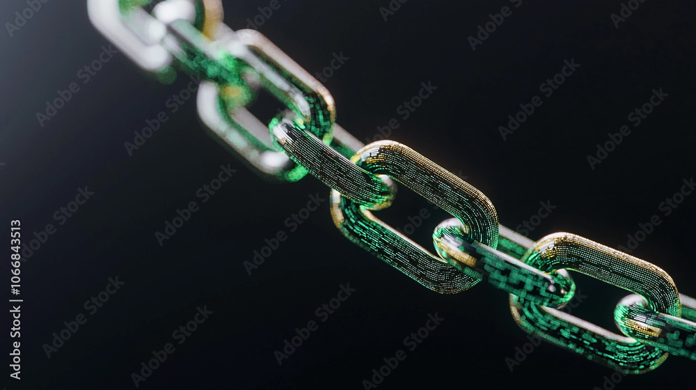 Blockchain chain, green and gold, black background Blockchain chain, green and gold, black background