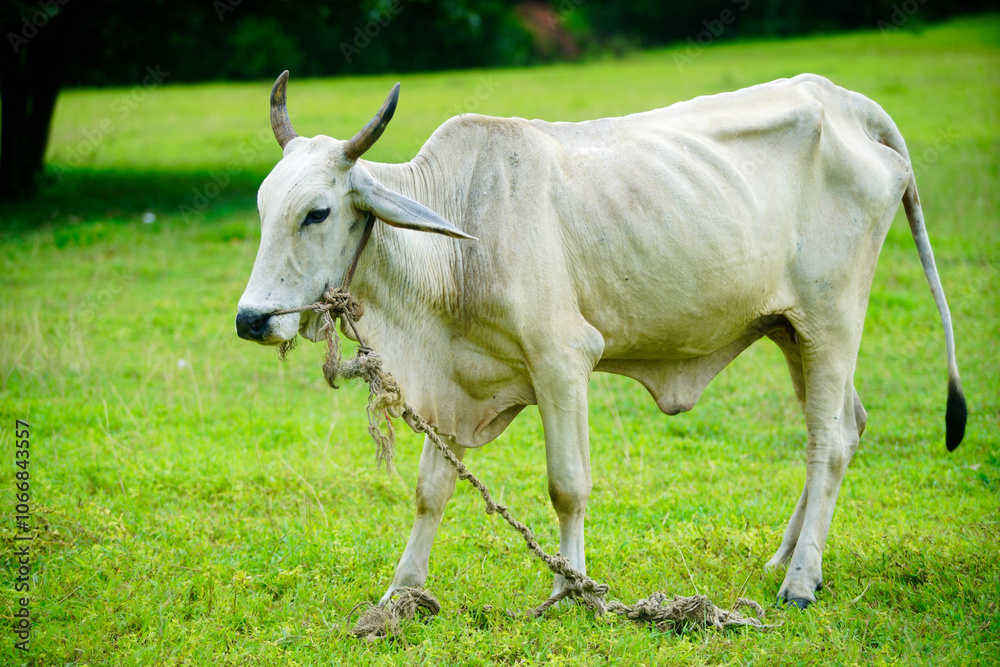 White Cow Grazing in a Green Field White Cow Grazing in a Green Field
