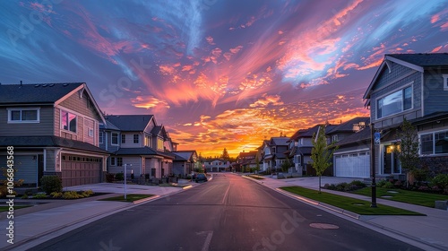 Neighborhood with Luxury Two-Story Homes Lining a Classic Dead-End Street Under a Dramatic Sunset Sky