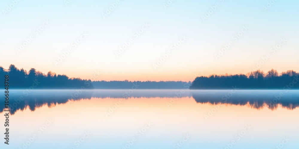Fototapeta premium Serene lake reflecting soft colors of dawn with trees in the background.