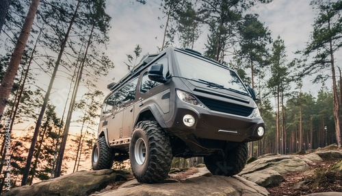 Futuristic offroad camper van on rocks in the woods